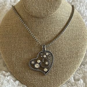 Silver Tone Rhinestone Open Heart Pendant Necklace Romantic Filigree